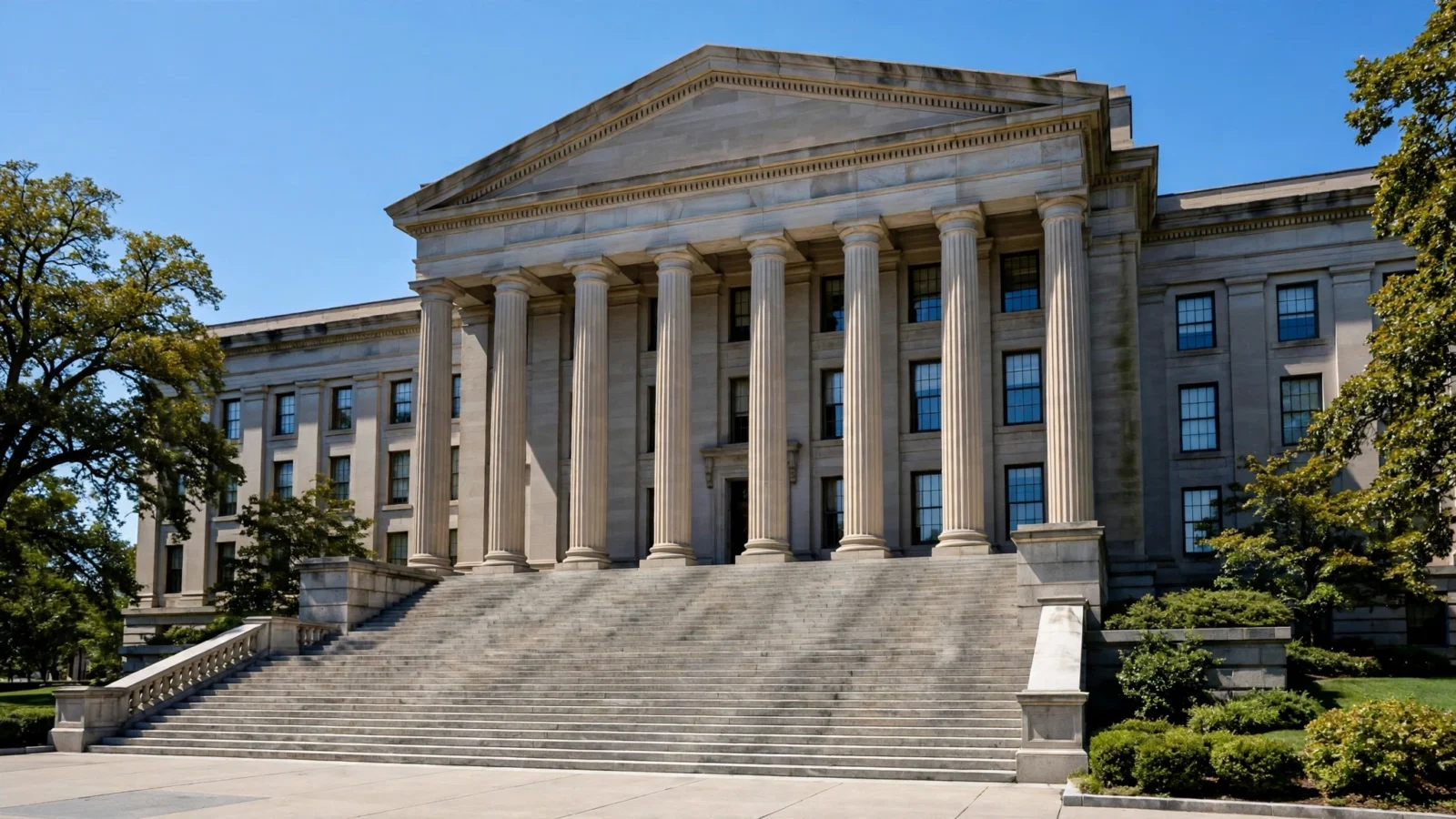 A federal courthouse with tall stone columns and a wide front staircase