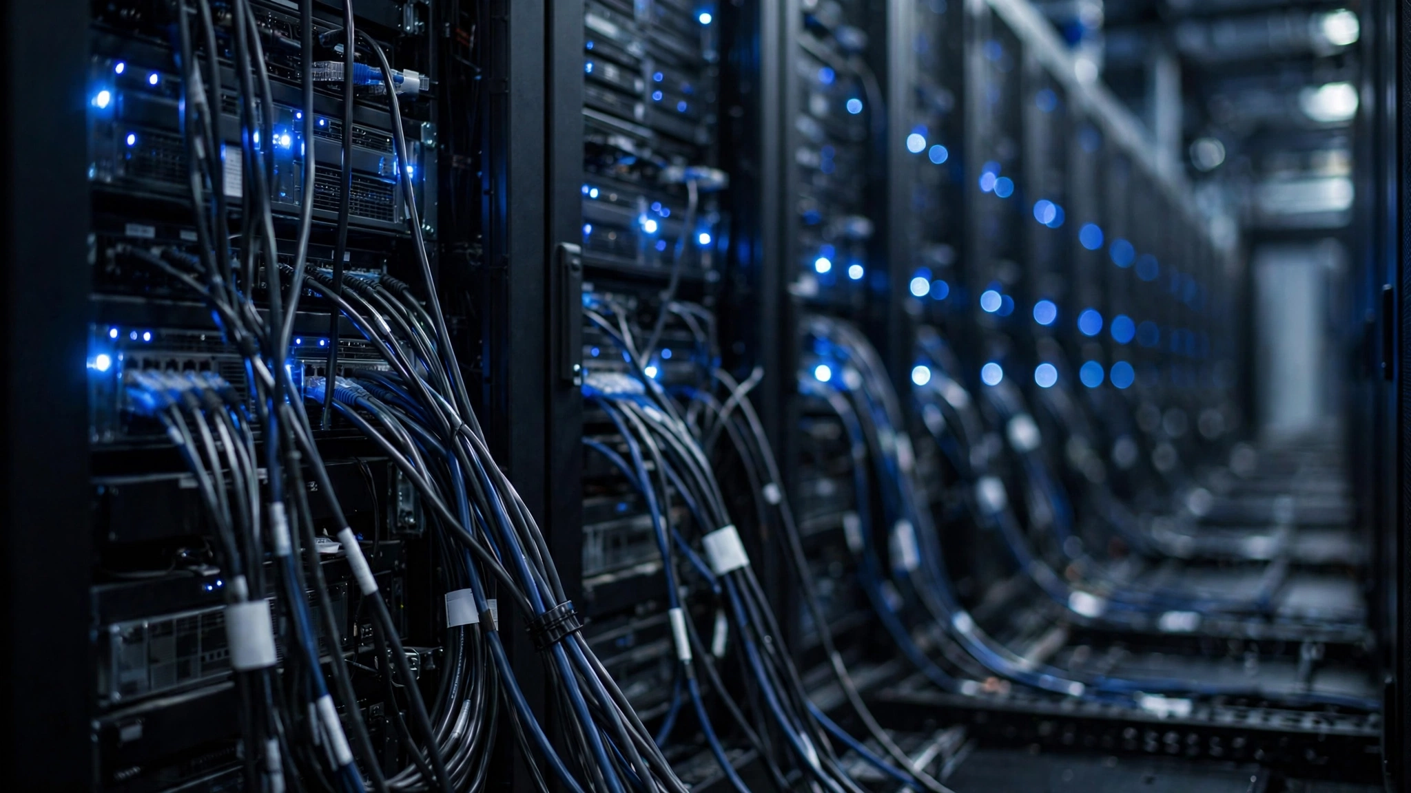 Rows of server racks with blinking blue lights in a data center