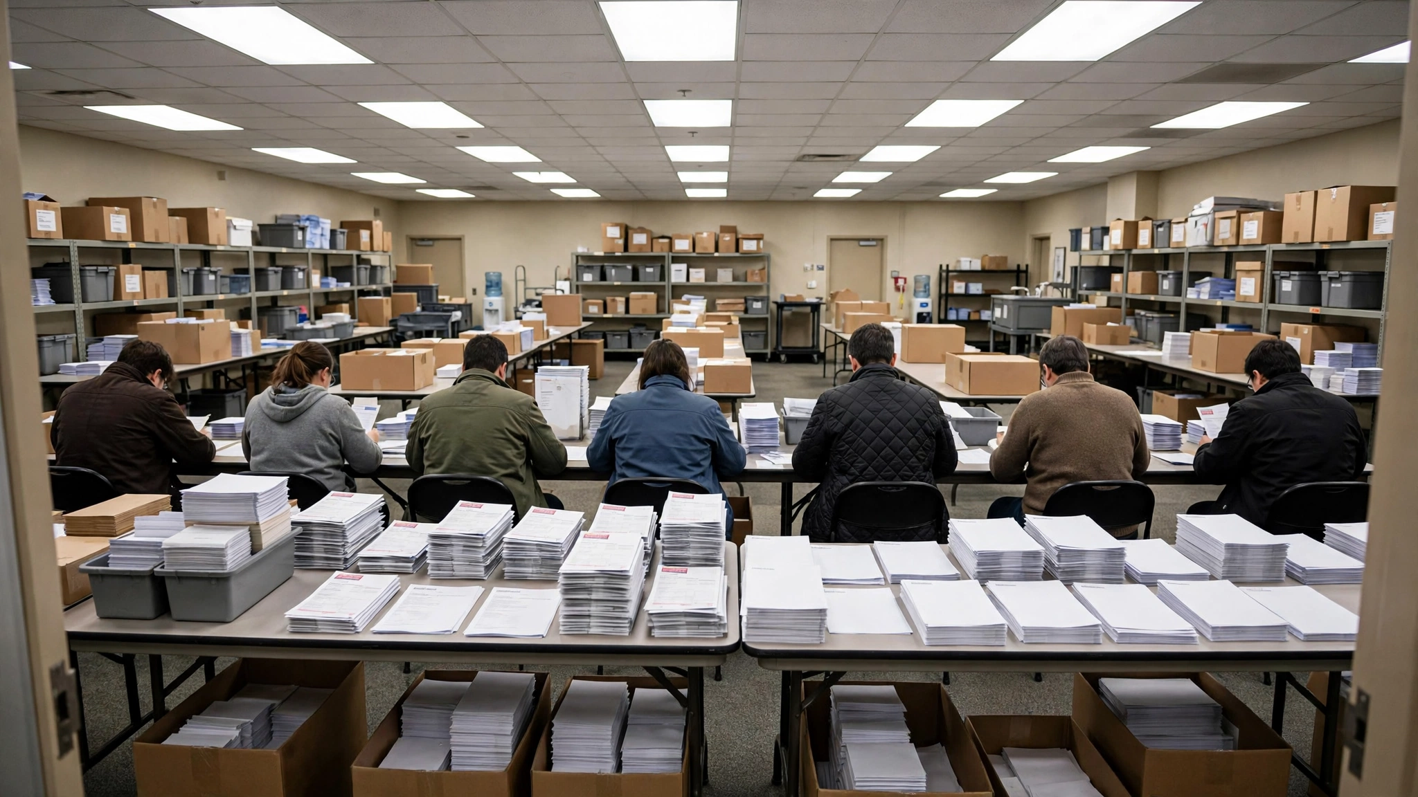 Election workers processing paper ballots at tables in a large office, seen from behind