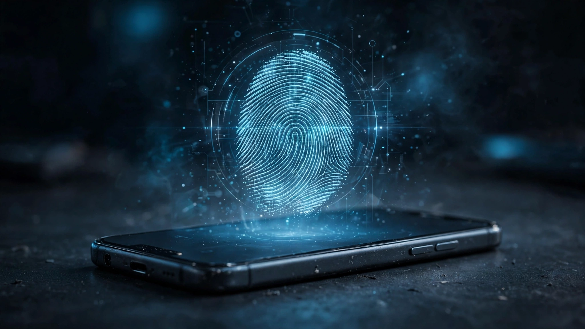 A glowing fingerprint hologram floating above a smartphone screen