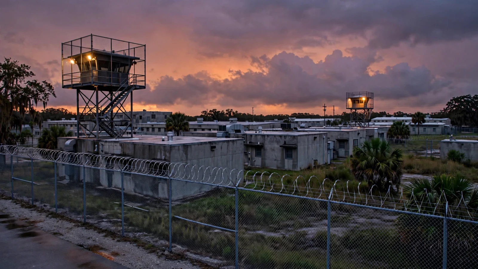 Guard towers and a barbed-wire fence at a Florida state prison at dusk