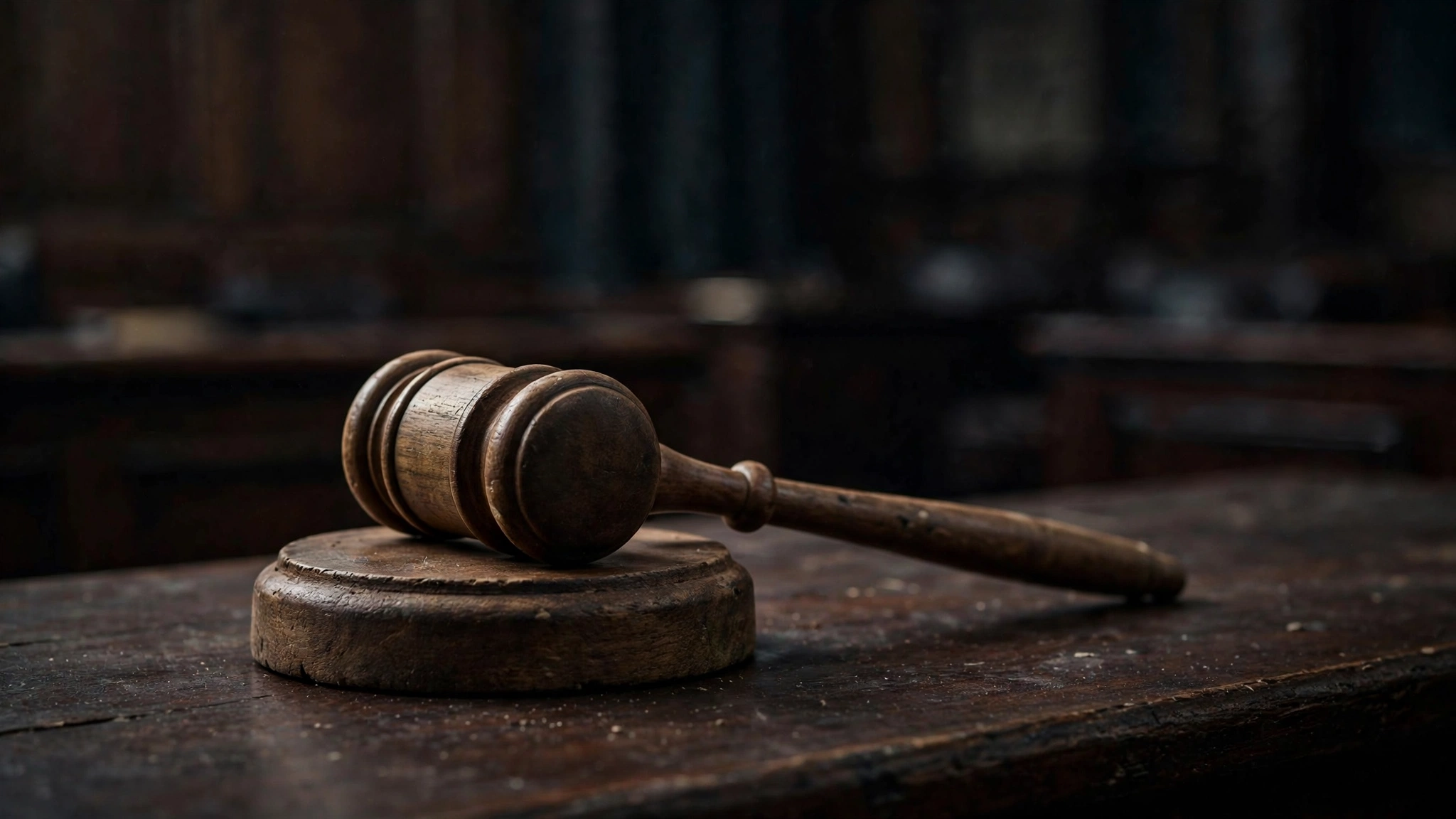 A wooden gavel resting on a sound block in a dark courtroom