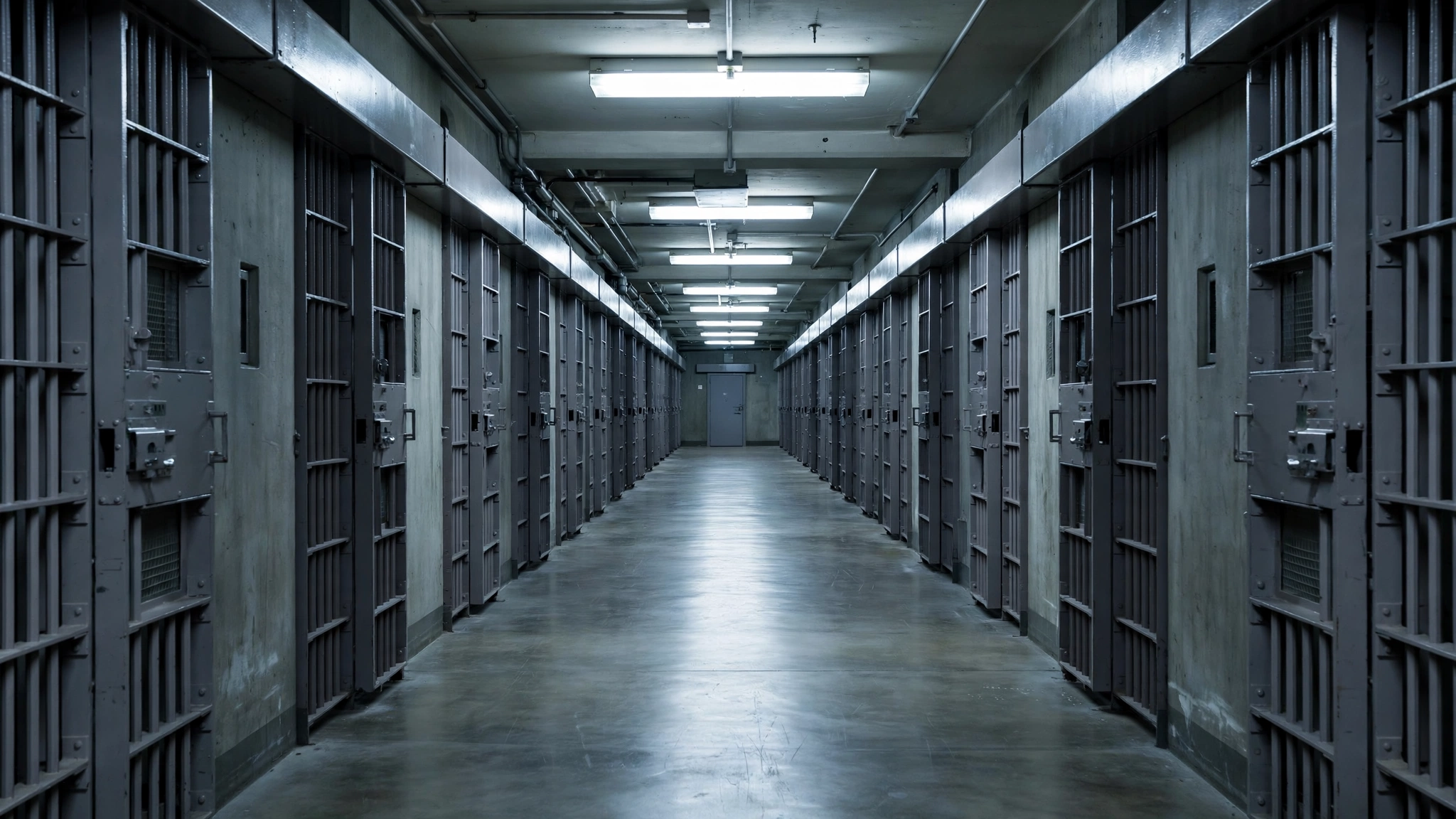 An empty cellblock corridor with rows of steel cell doors