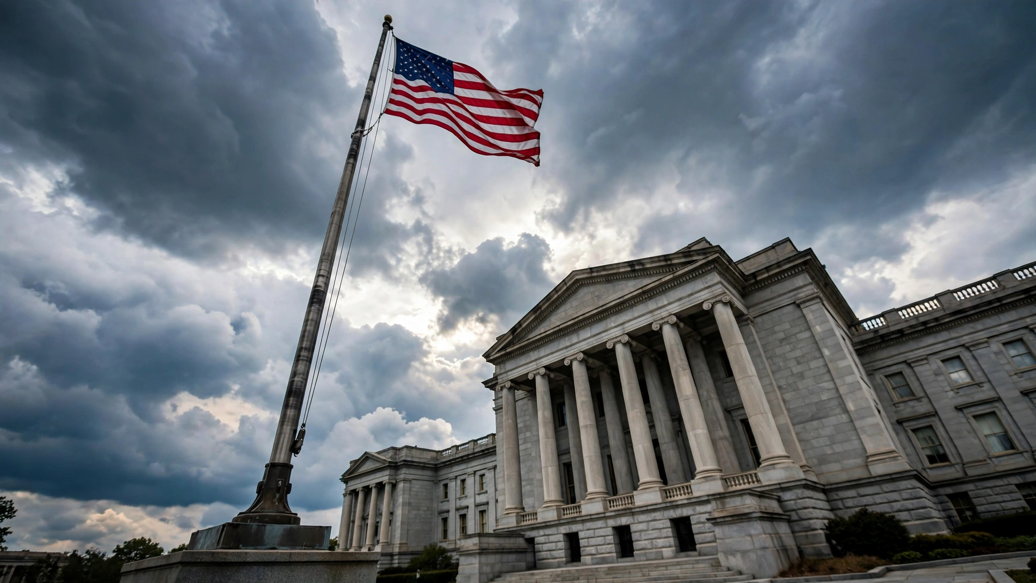 An American flag on a pole in front of a stone courthouse under dark clouds