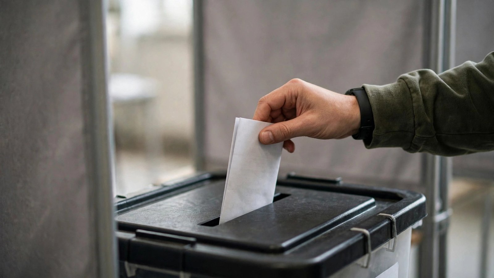 A hand placing a blank paper ballot into a black ballot box