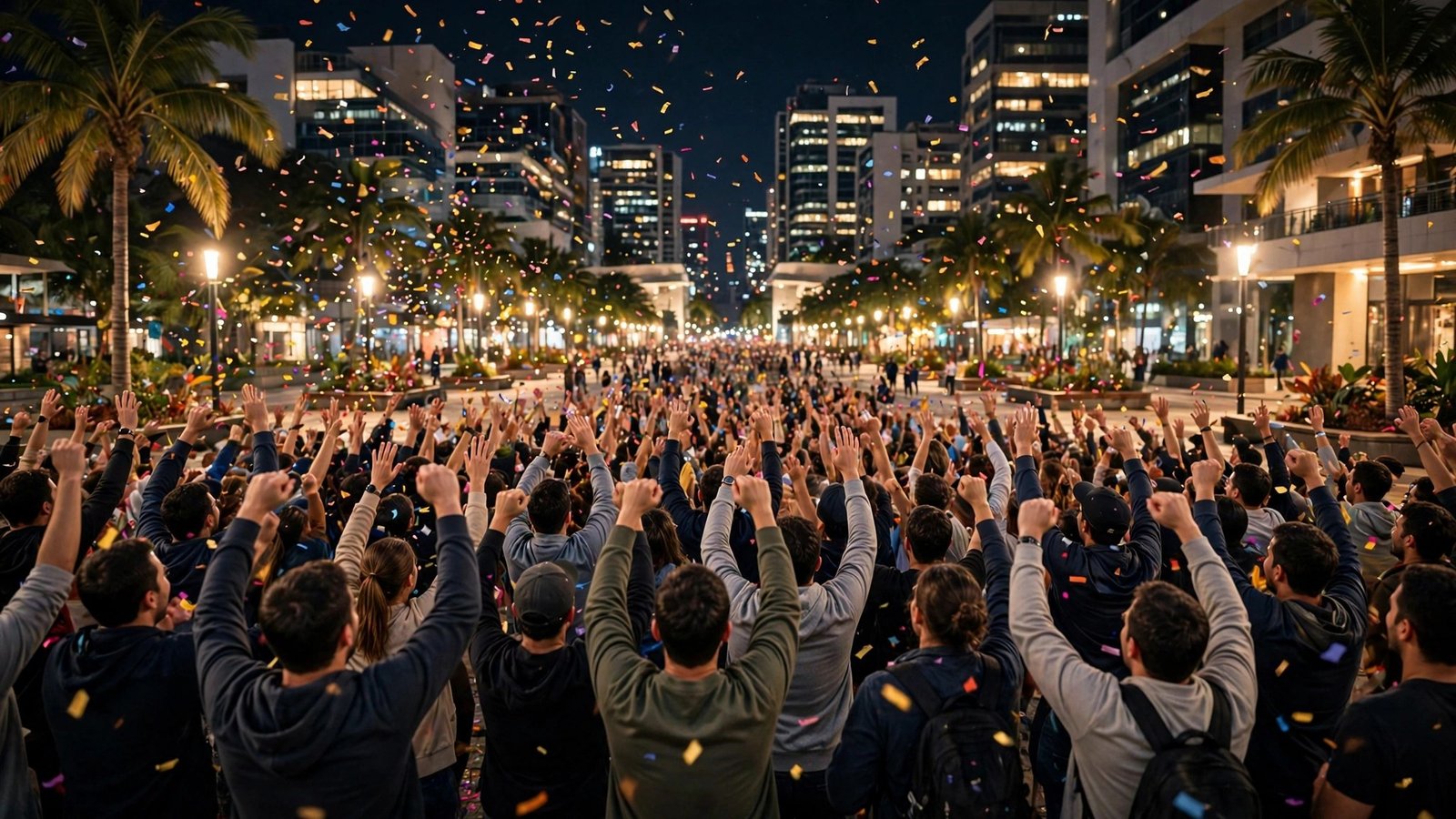 A crowd cheering with raised hands under confetti at night in a city plaza with palm trees