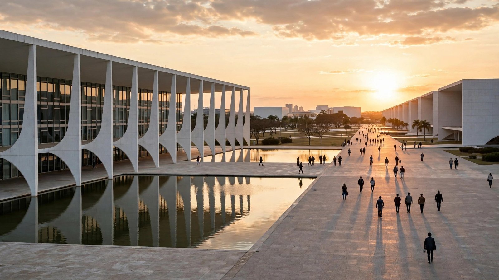 Modern white government buildings and a reflecting pool in Brasilia at sunset, with people walking in the distance