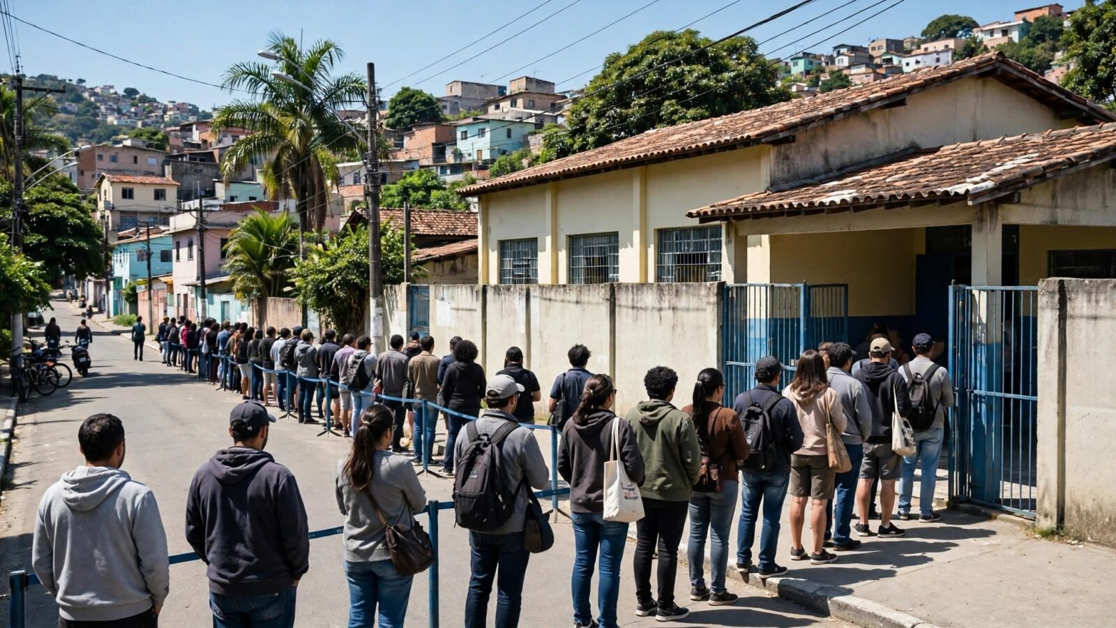 People standing in a long line outside a school building on a sunny street