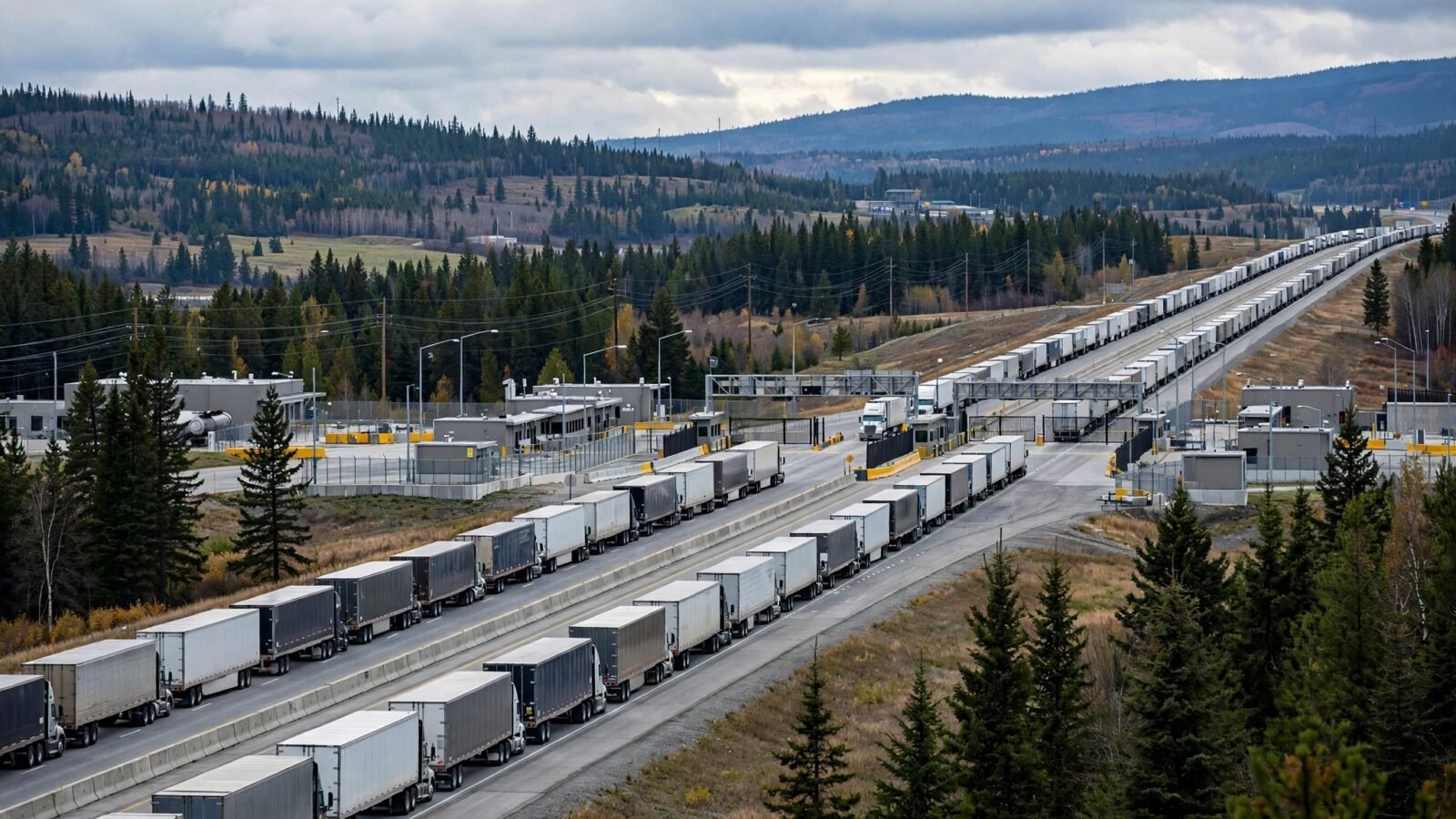 A long line of freight trucks on a highway leading to a border crossing checkpoint, with evergreen trees and hills in the background