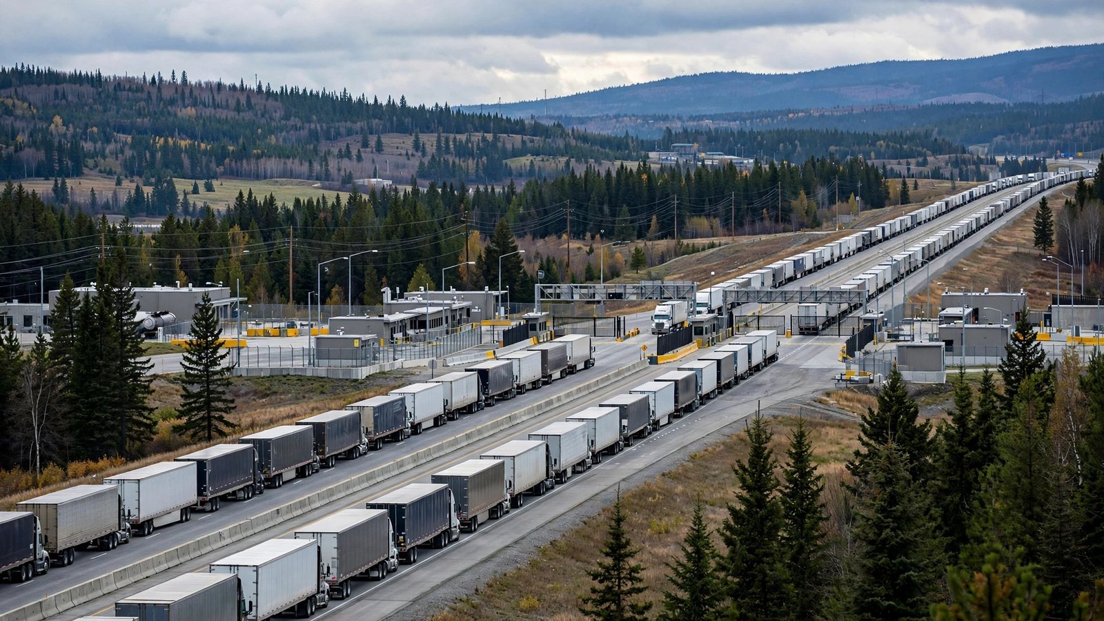 A long line of freight trucks on a highway leading to a border crossing checkpoint, with evergreen trees and hills in the background