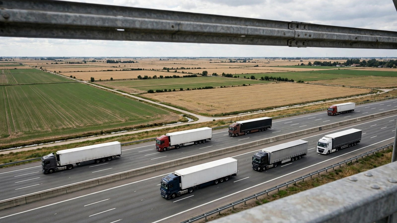 Freight trucks driving on a multi-lane highway beside fields, seen from an overpass