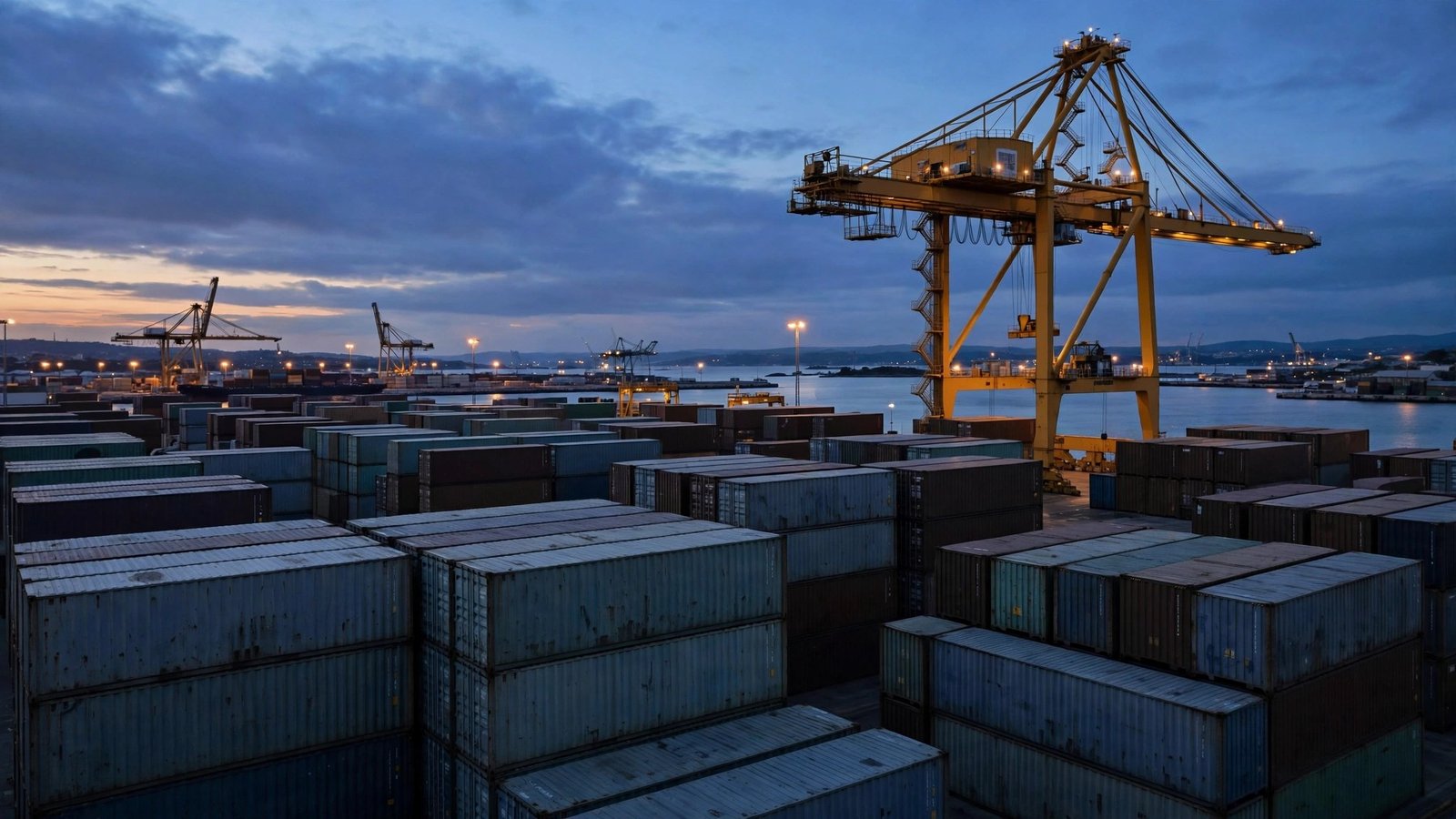 Rows of stacked shipping containers and a large yellow crane at a seaport at dusk