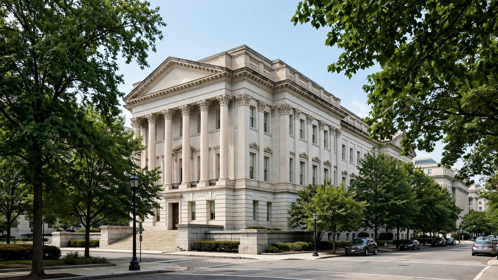 A white stone government office building with tall columns on a tree-lined street in Washington