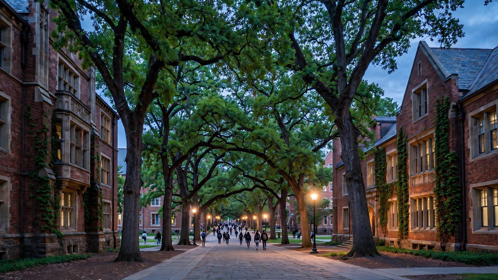 Students walking along a tree-lined walkway between brick university buildings in the evening