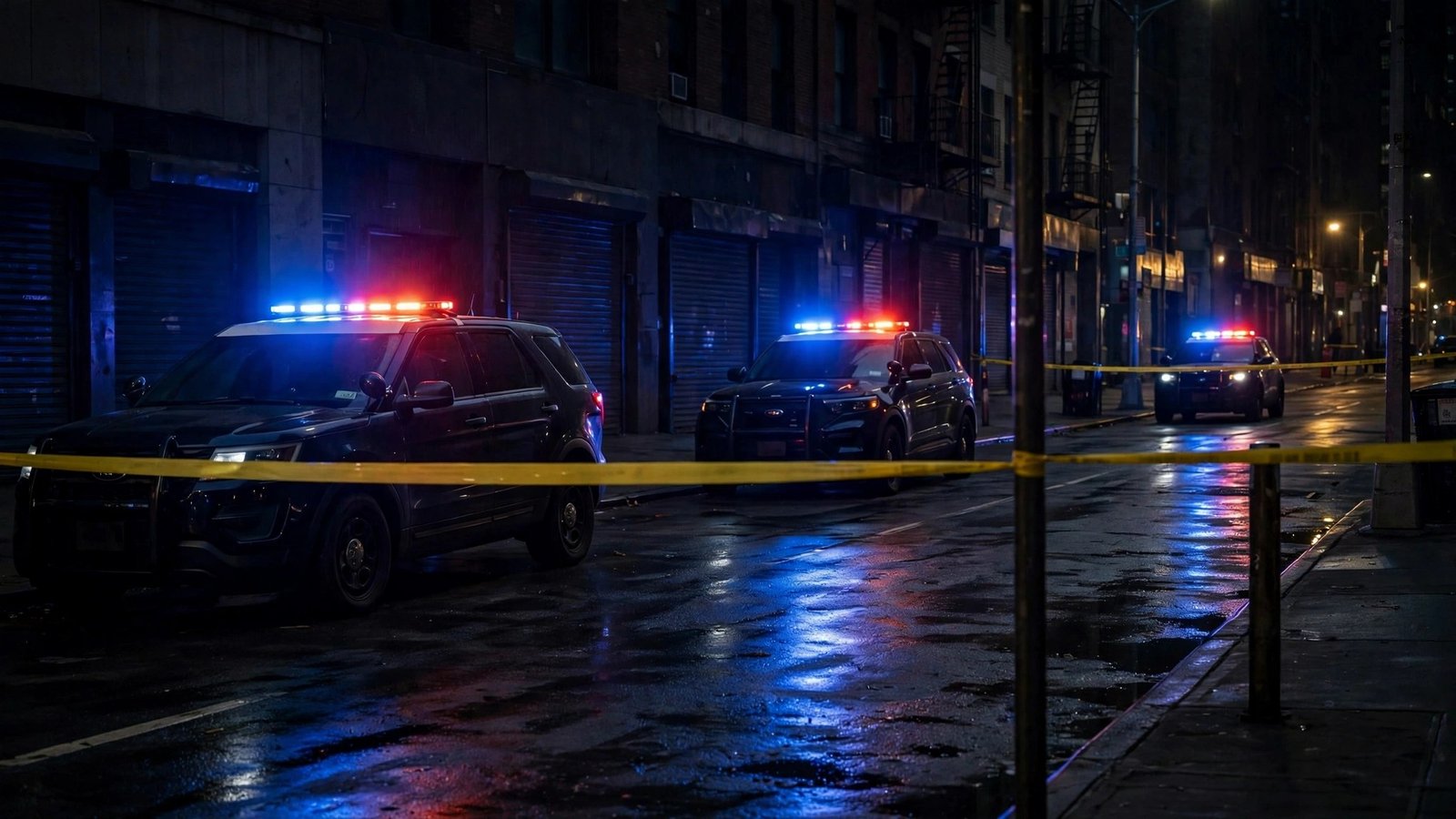 Police cars with flashing lights behind yellow police tape on a dark wet street at night