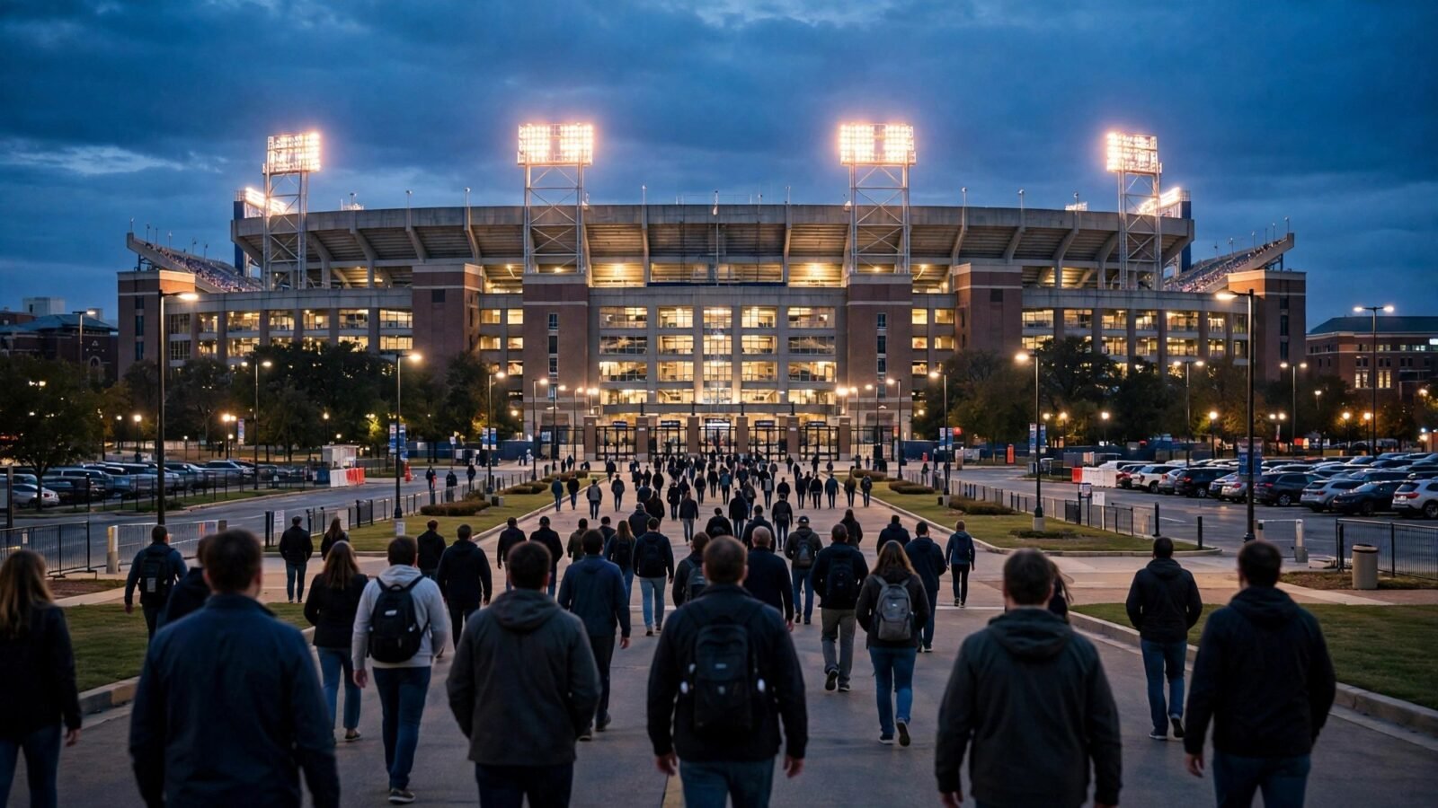A large college football stadium lit by floodlights at dusk, with people walking toward it