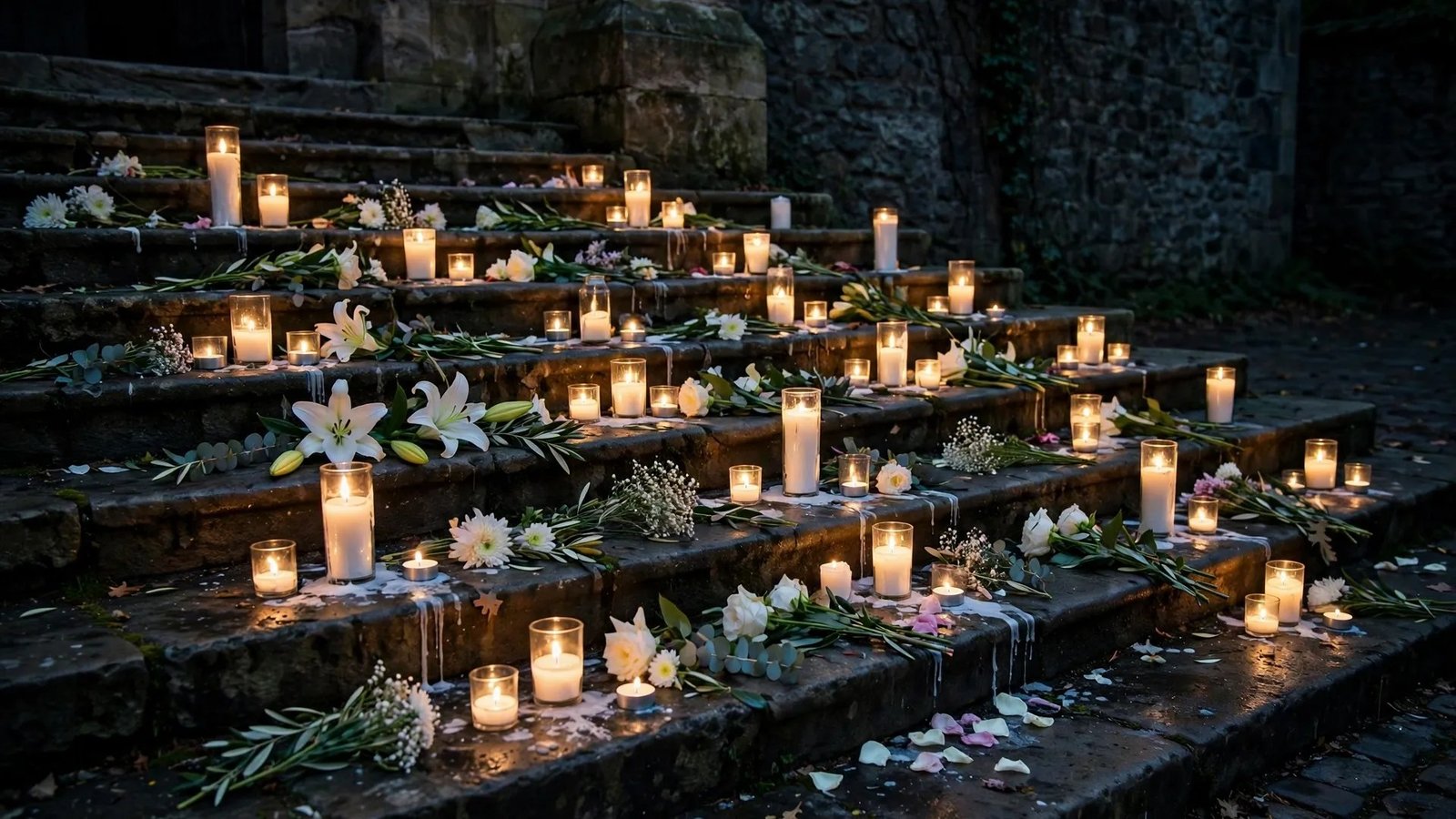 Lit candles and white flowers arranged on stone steps at night