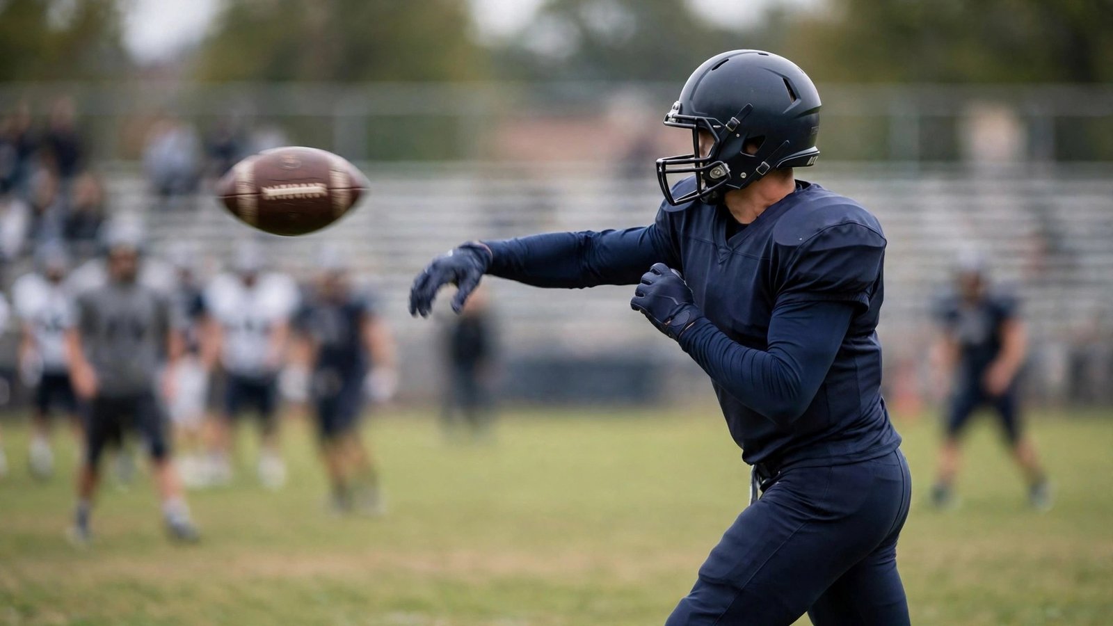 A football player in a dark uniform and helmet throwing a football on a grass field