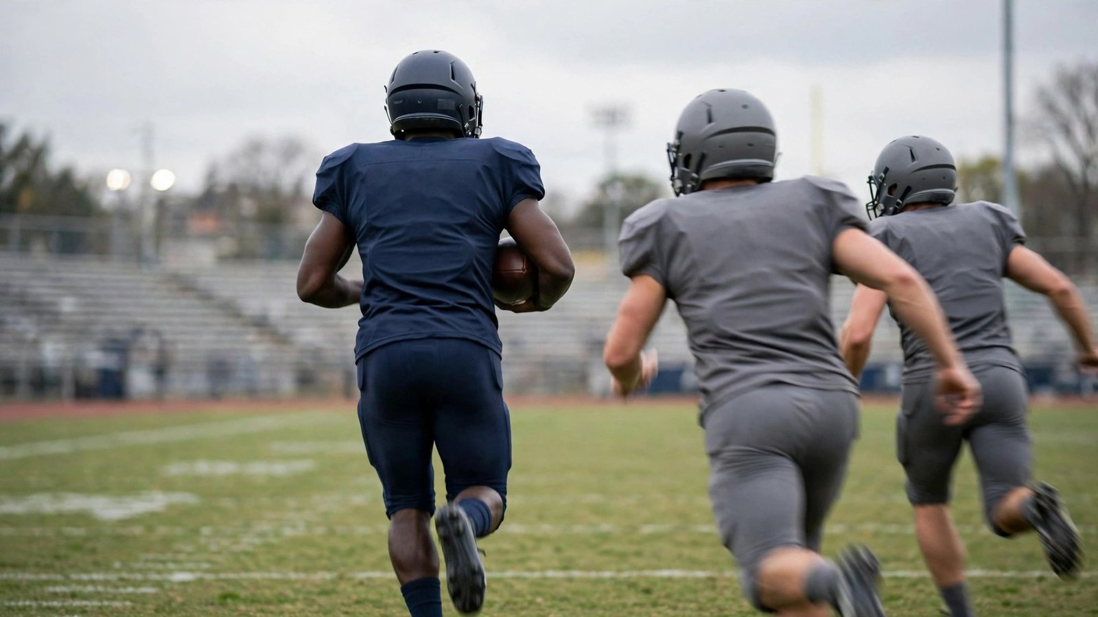 A football player in a dark uniform carrying a football down the field with two defenders behind him