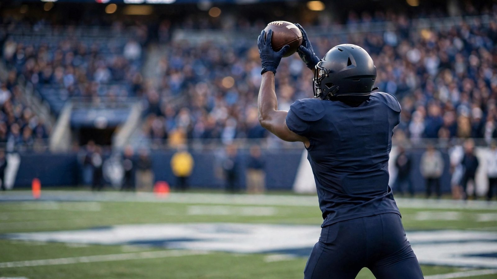 A football player in a dark uniform catching a football with both hands above his head in front of a crowd