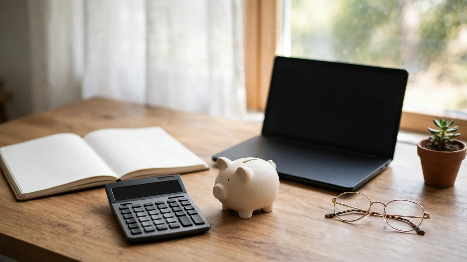 A ceramic piggy bank, a calculator with a blank display, an open blank notebook, a closed laptop and reading glasses on a wooden desk in front of a bright window