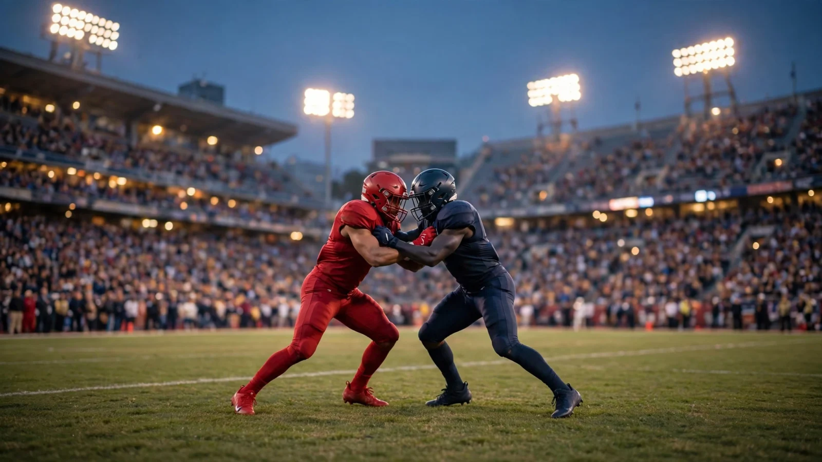 Two anonymous football players in red and dark uniforms collide on the field in a stadium at dusk.