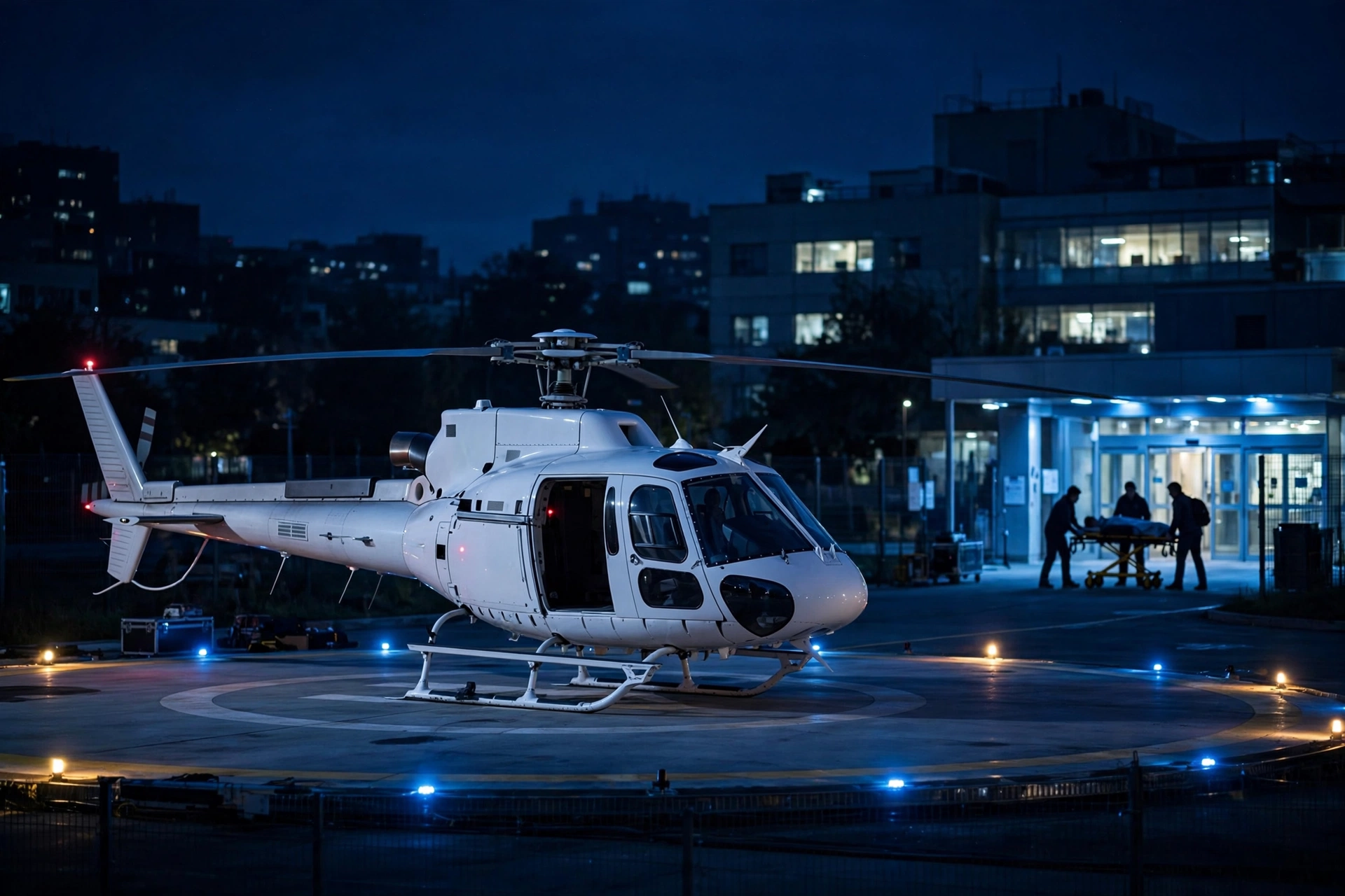 A white air ambulance helicopter on a hospital helipad at night, with paramedics wheeling a stretcher toward the hospital entrance in the background.