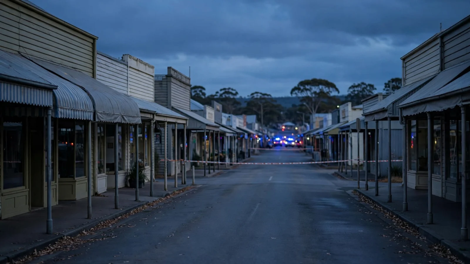 A cordoned-off main street of a rural Australian town at dusk with police tape across the road and blurred emergency lights in the distance.