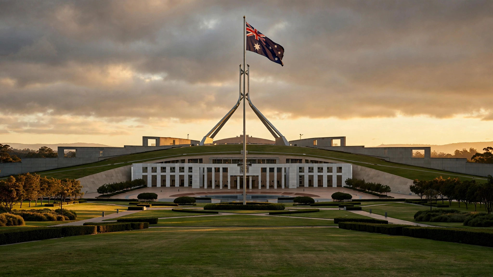 Australian Parliament House in Canberra with the flag flying at golden hour, its grass-covered roof and columned facade visible across the lawns.