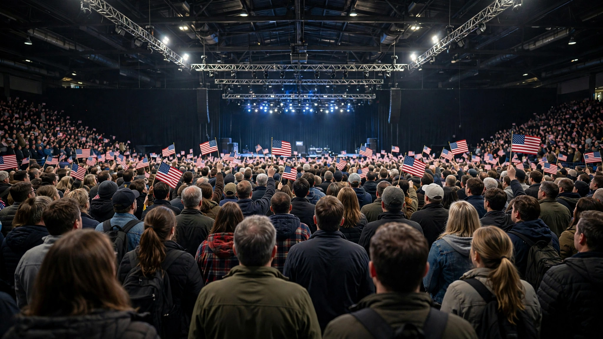 Crowd of people seen from behind inside a large arena, many holding small American flags, facing a brightly lit stage in the distance.