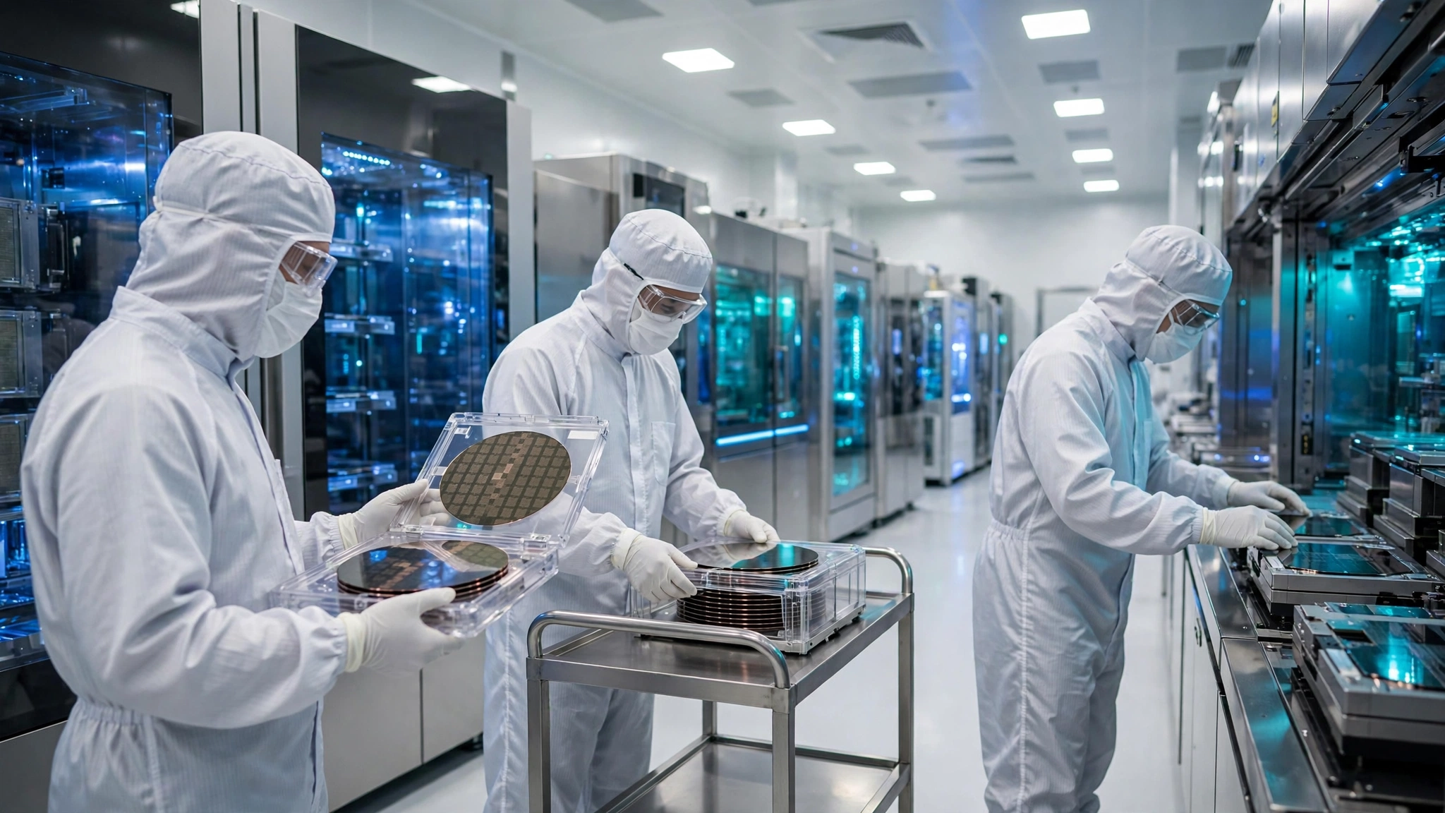 Workers in white full-body cleanroom suits and face masks handling silicon wafers in a bright sterile semiconductor laboratory.