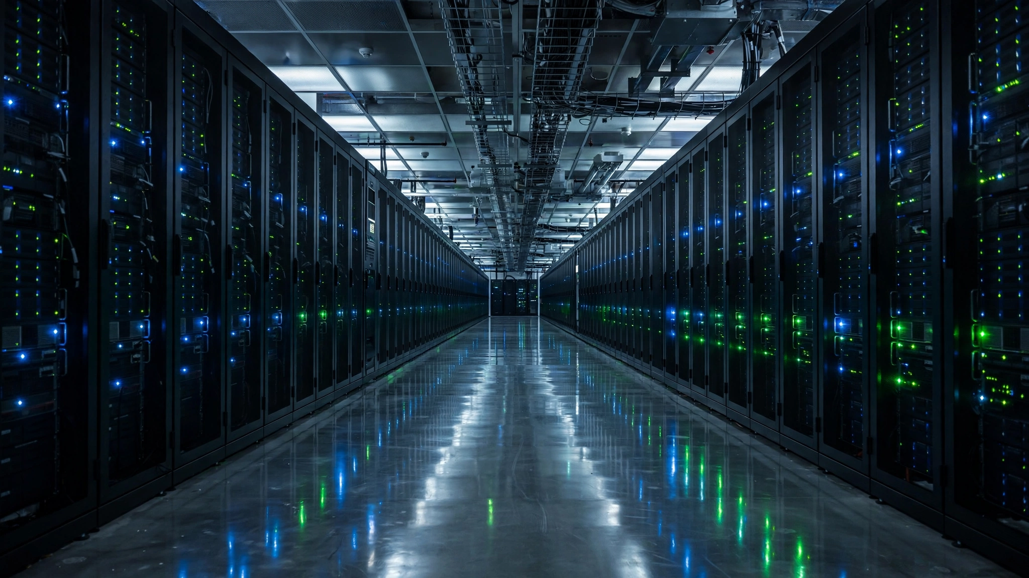 Long corridor of dark server racks with blue and green indicator lights in a data center.