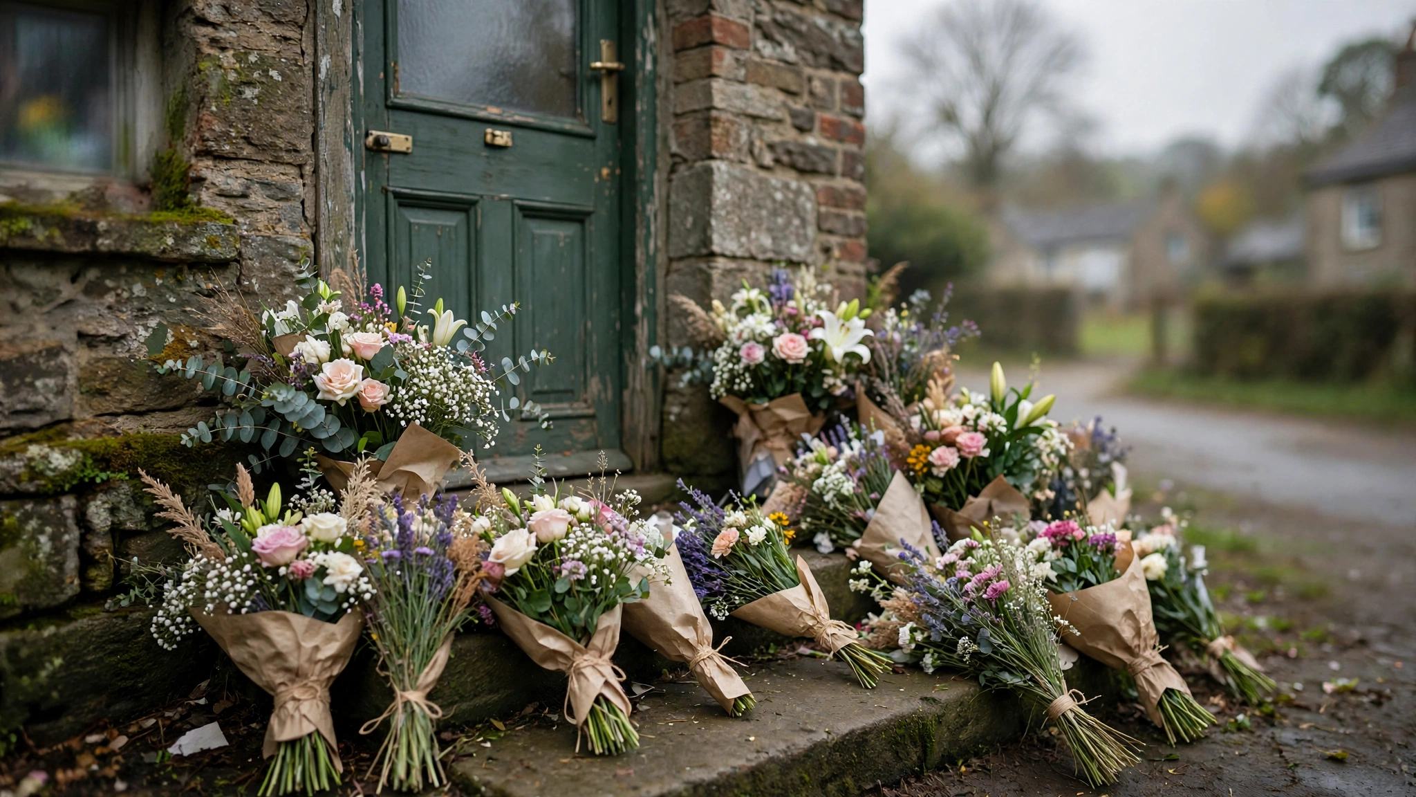 Bouquets of flowers and wrapped floral tributes placed on the doorstep of a small office as a public gesture of sympathy.