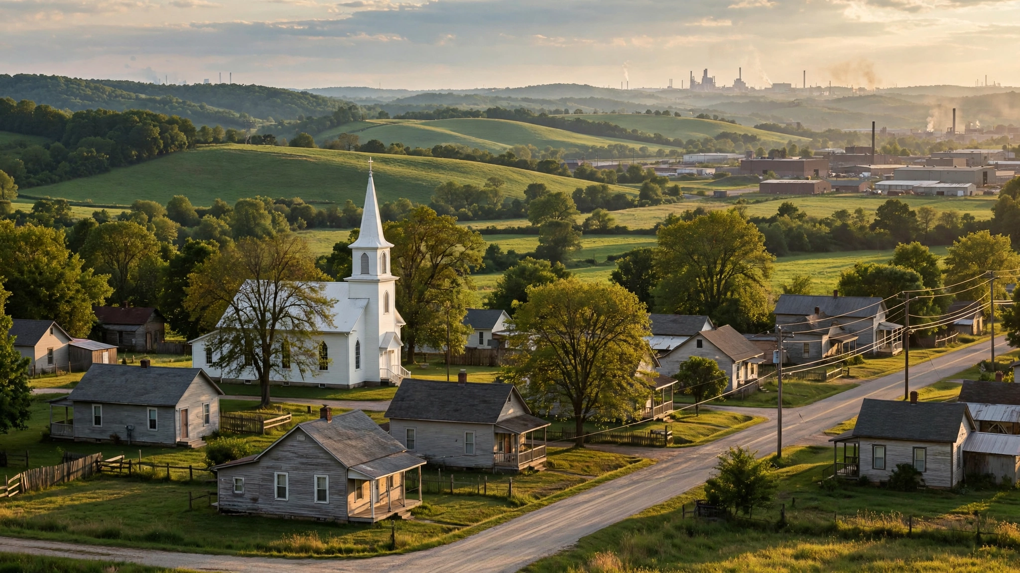Small town with a white church and houses in green rolling countryside, industrial buildings visible on the horizon at dusk.