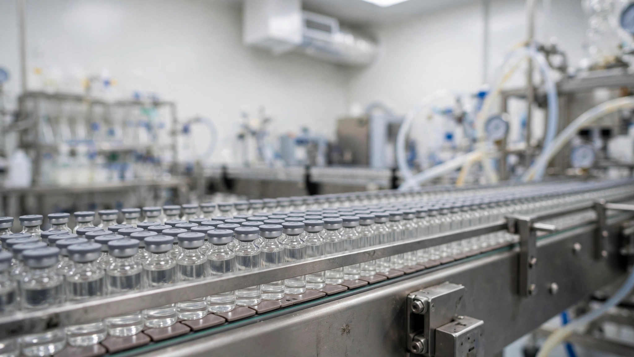 Rows of clear medicine vials with gray caps moving along a conveyor belt inside a sterile white pharmaceutical laboratory.