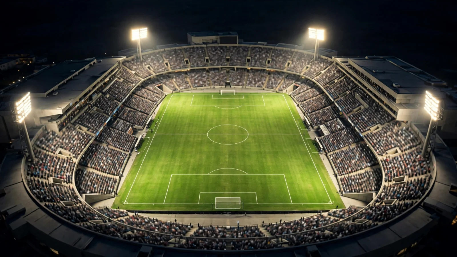 Aerial view of a large soccer stadium at night, floodlights shining over the green pitch with a blurred crowd in the stands.