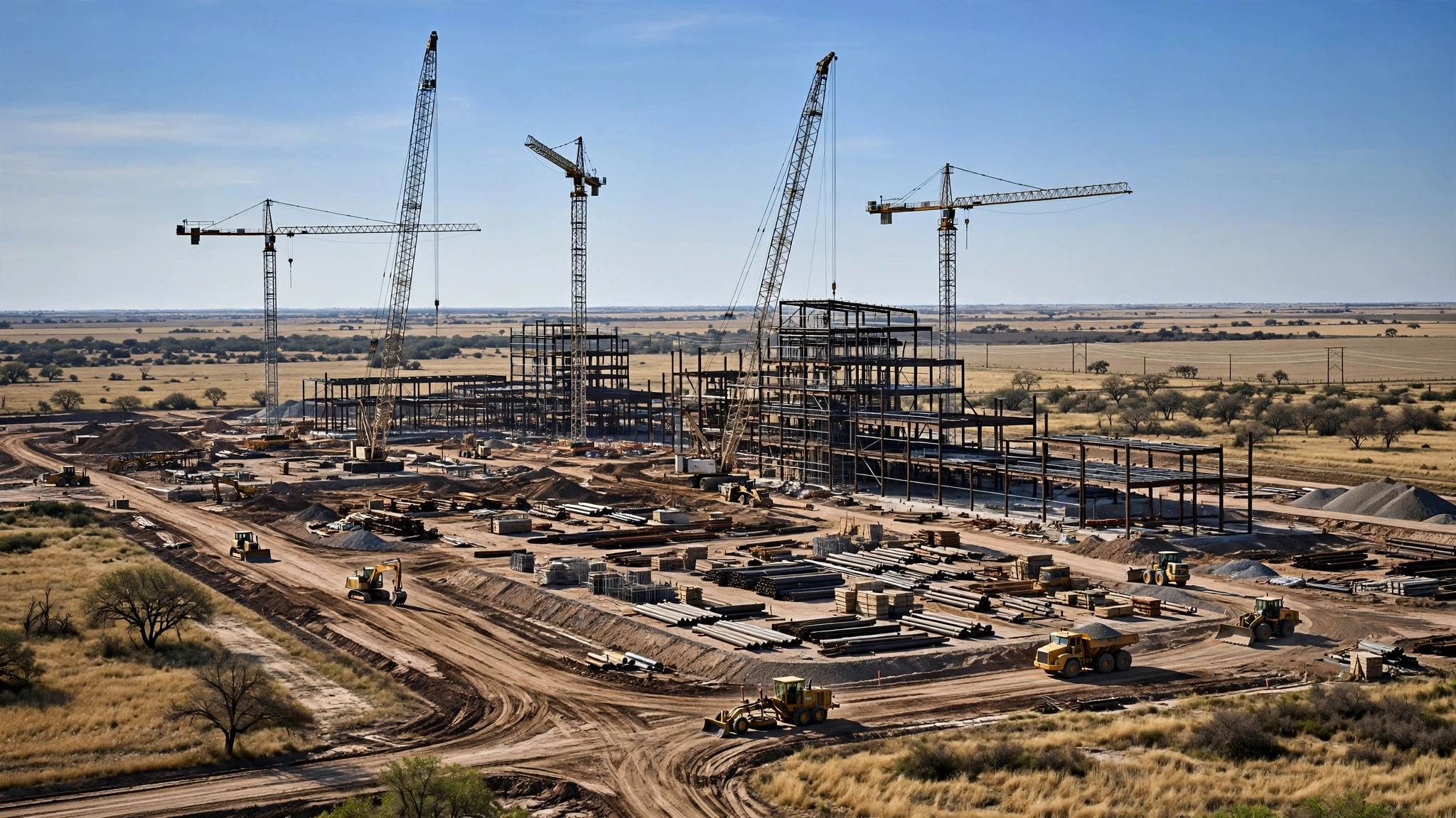 Industrial construction site in flat Texas countryside with tower cranes, steel framework, and earthmoving equipment.