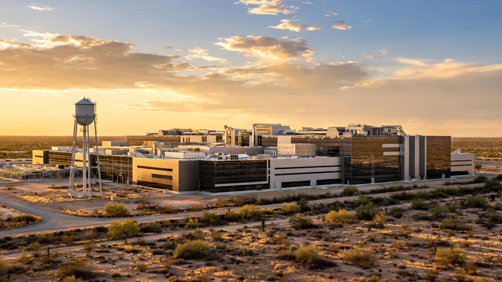 Large semiconductor fabrication plant complex with a water tower in flat Texas scrubland at sunset.