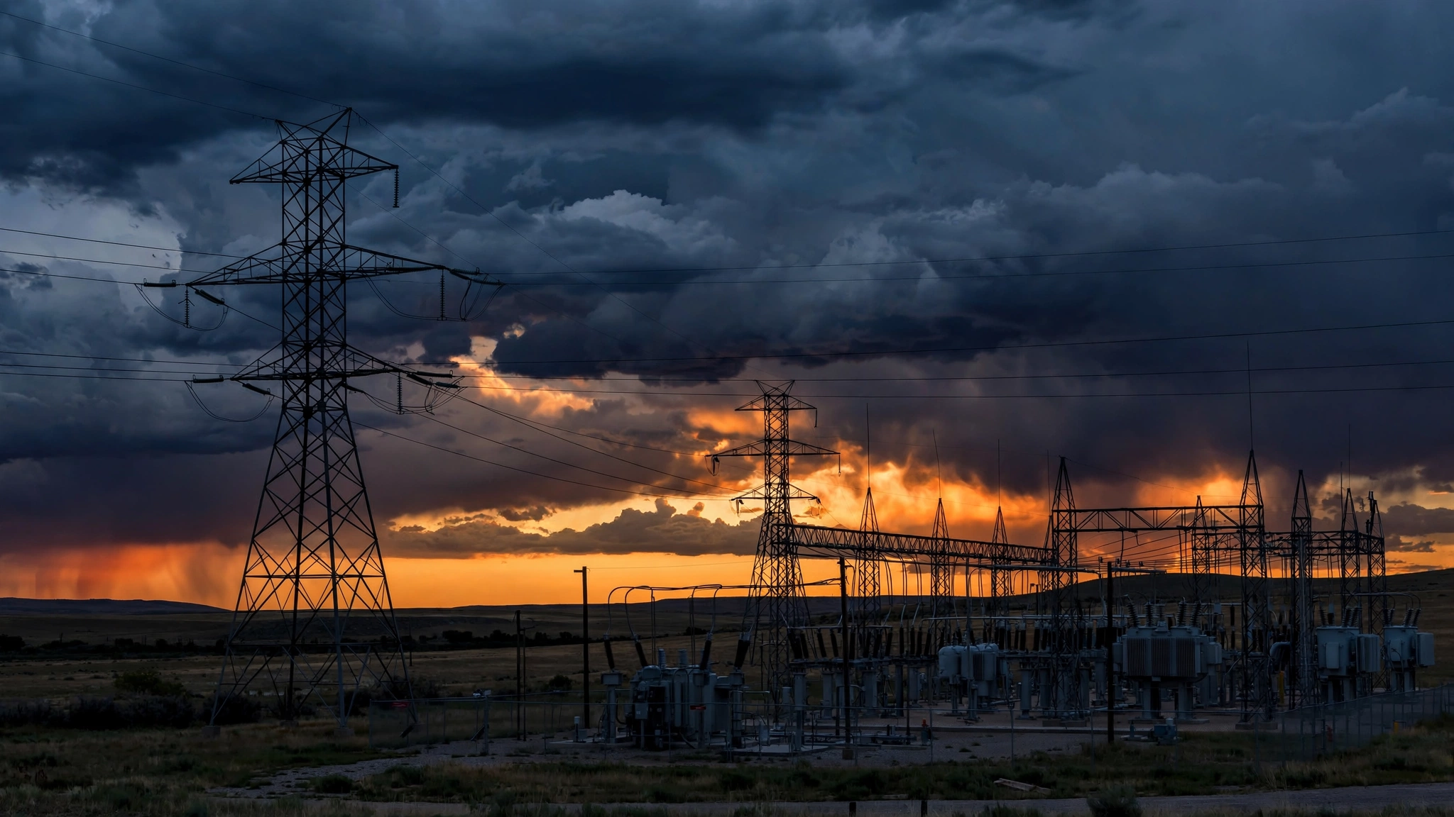 High-voltage transmission towers and a power substation silhouetted against an orange sunset sky.