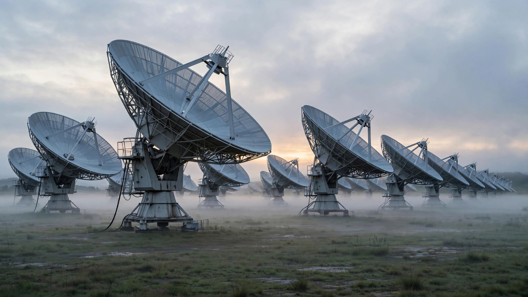 Large satellite communication dishes tilted toward the sky in early-morning mist.