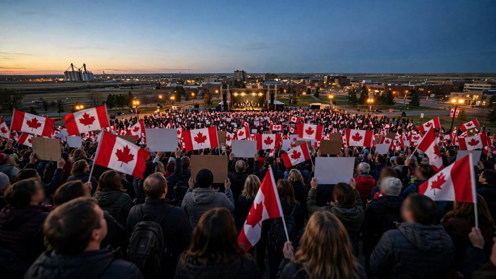 A large crowd waving Canadian flags at an outdoor pro-Canada rally at dusk