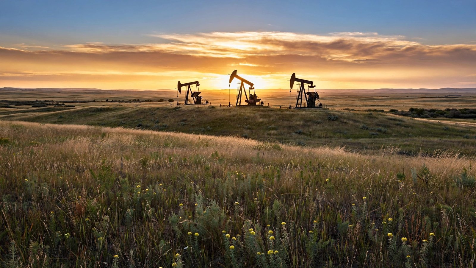 Oil pumpjacks silhouetted against a sunset over Alberta prairie grassland