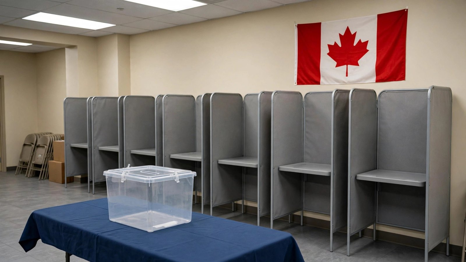 An empty polling station with voting booths, a ballot box, and a Canadian flag on the wall
