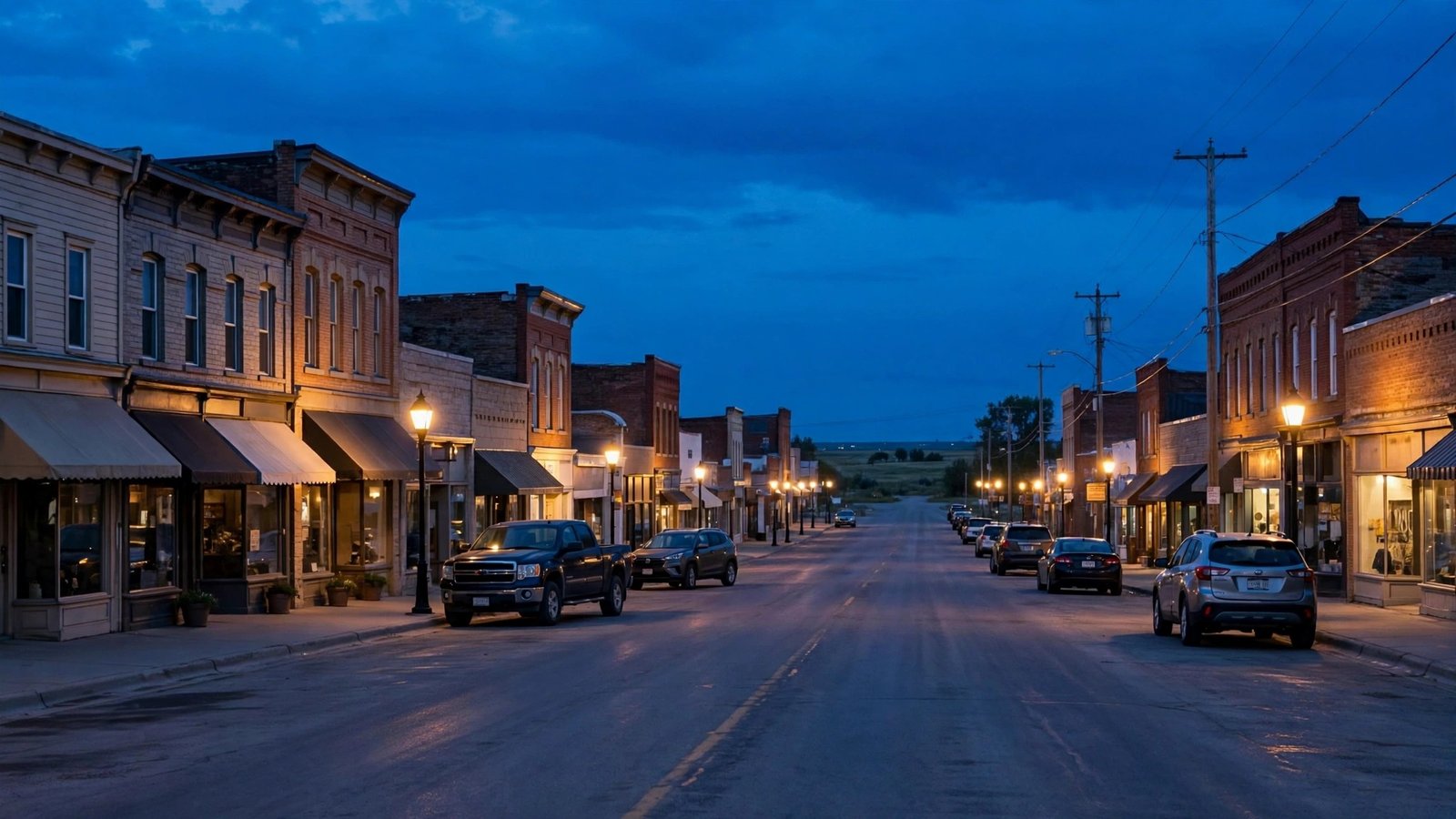 A quiet main street in a small Canadian prairie city at dusk with lit storefronts