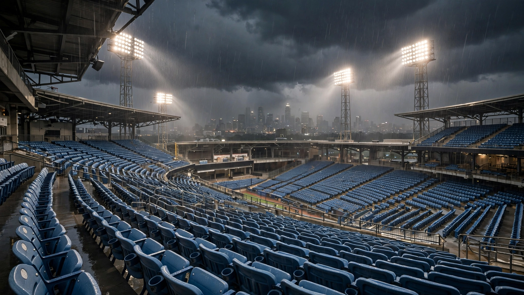 Empty blue stadium seats under dark storm clouds as rain falls through bright stadium floodlights