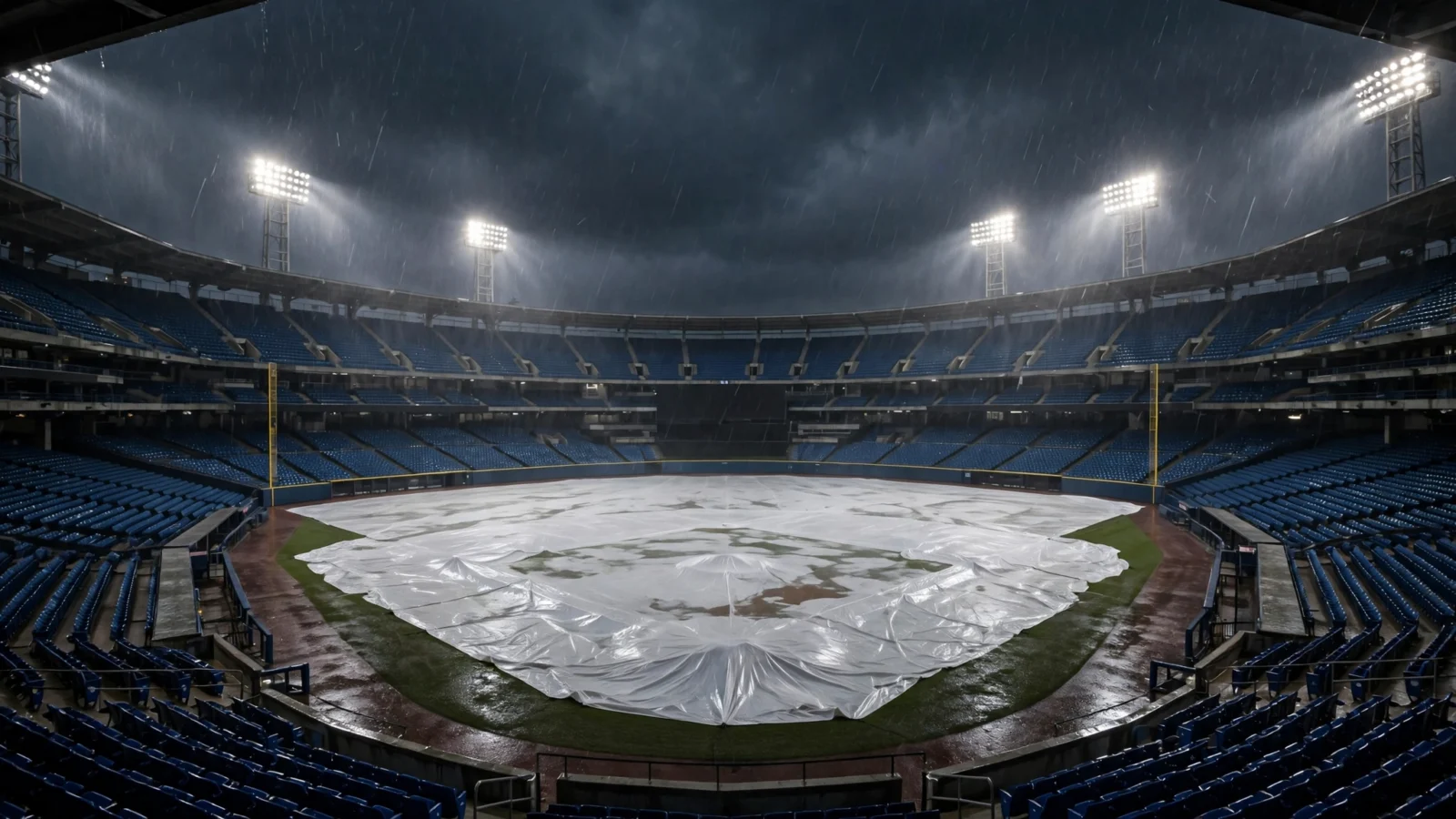 A baseball stadium at night with a white tarp covering the infield during a rain delay