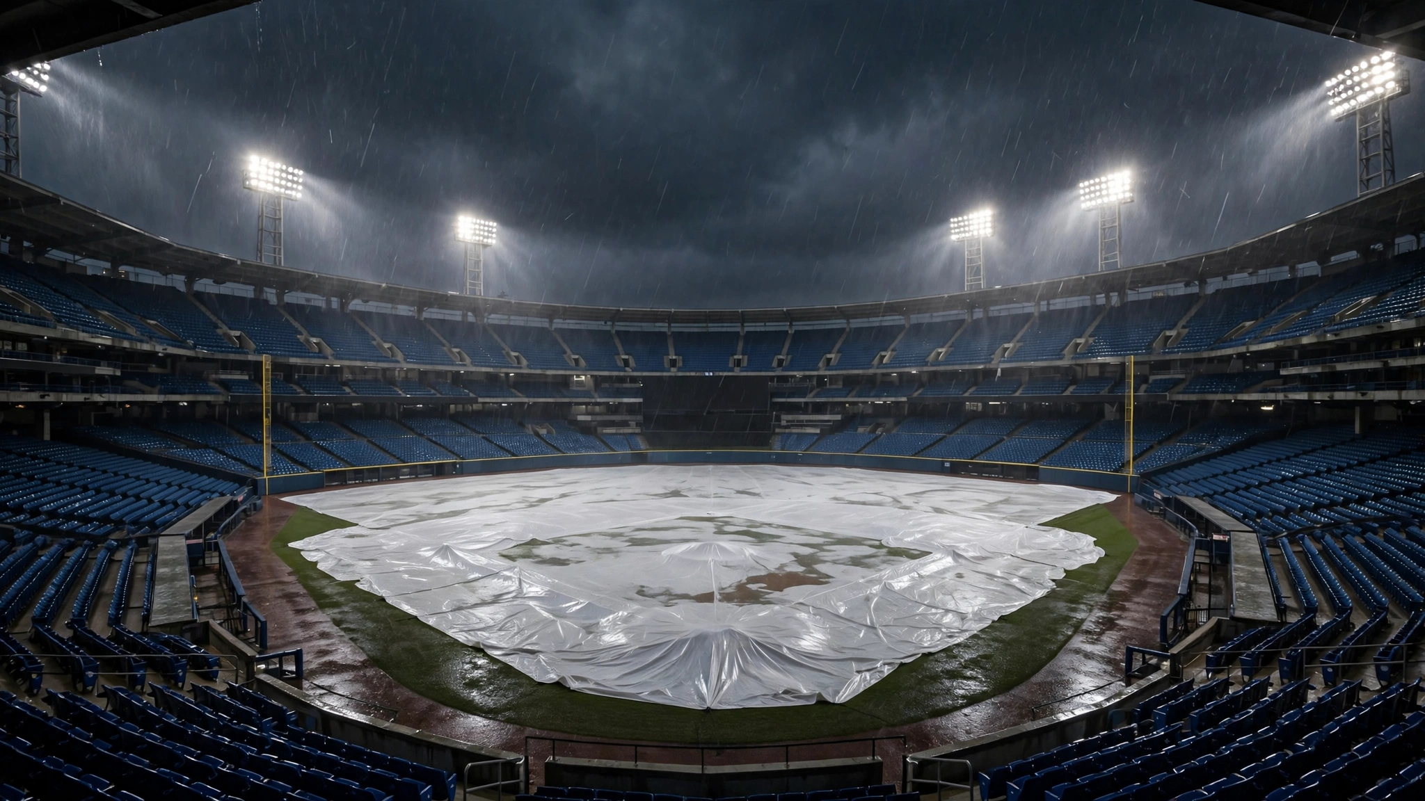 A baseball stadium at night with a white tarp covering the infield during a rain delay