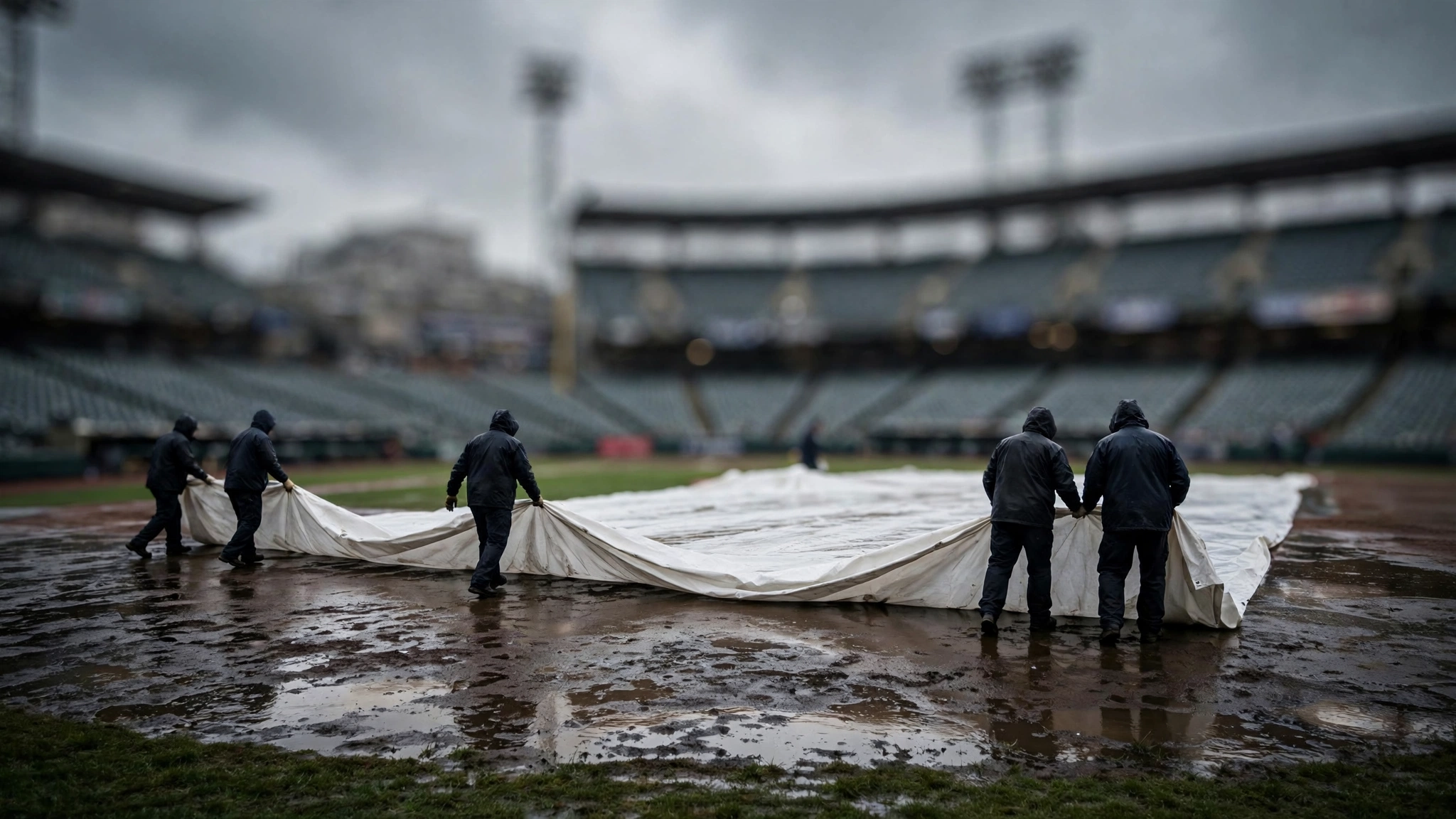 Grounds crew members in rain gear roll a white tarp across a wet baseball field under a gray sky