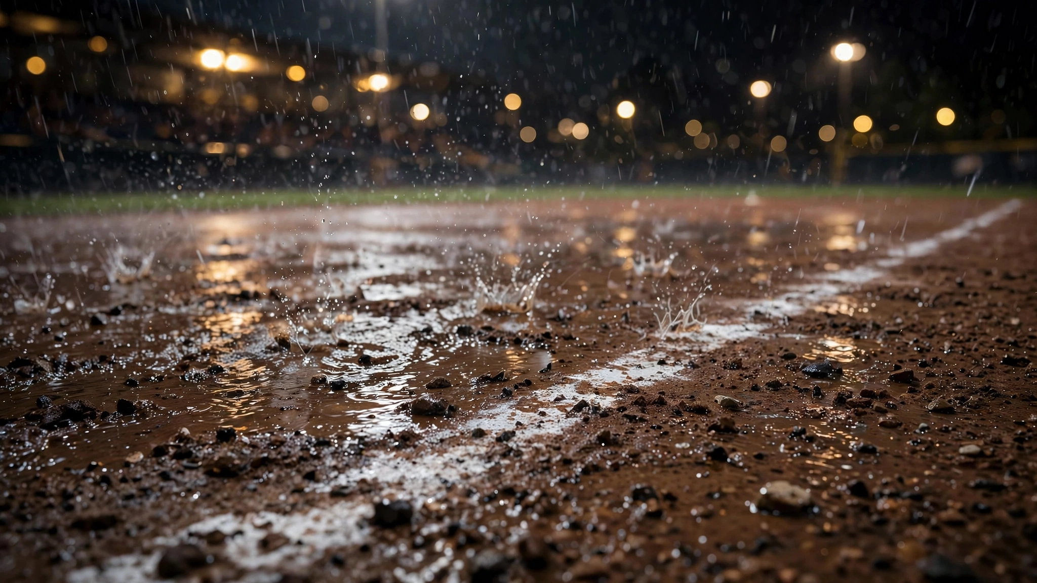 Close-up of raindrops splashing on a wet baseball infield, with stadium lights blurred in the background