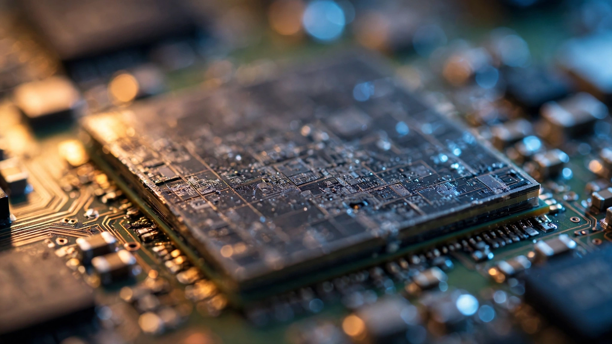 A close-up of a silicon computer chip mounted on a circuit board, photographed with shallow depth of field.